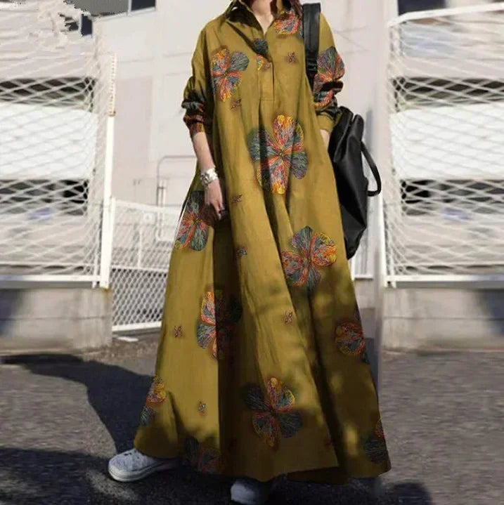 Vintage Cotton Linen Shirt Dress Women’s Autumn Long Maxi Robe - Evallys.com