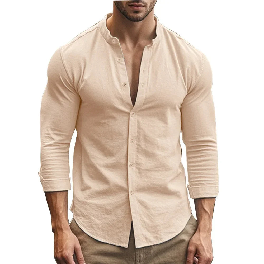 Men's Henry Shirts Cotton Linen Slim Fit Causal Hawaiian Solid Color Basic Style Spring Summer Breathable Men Clothing - Evallys.com