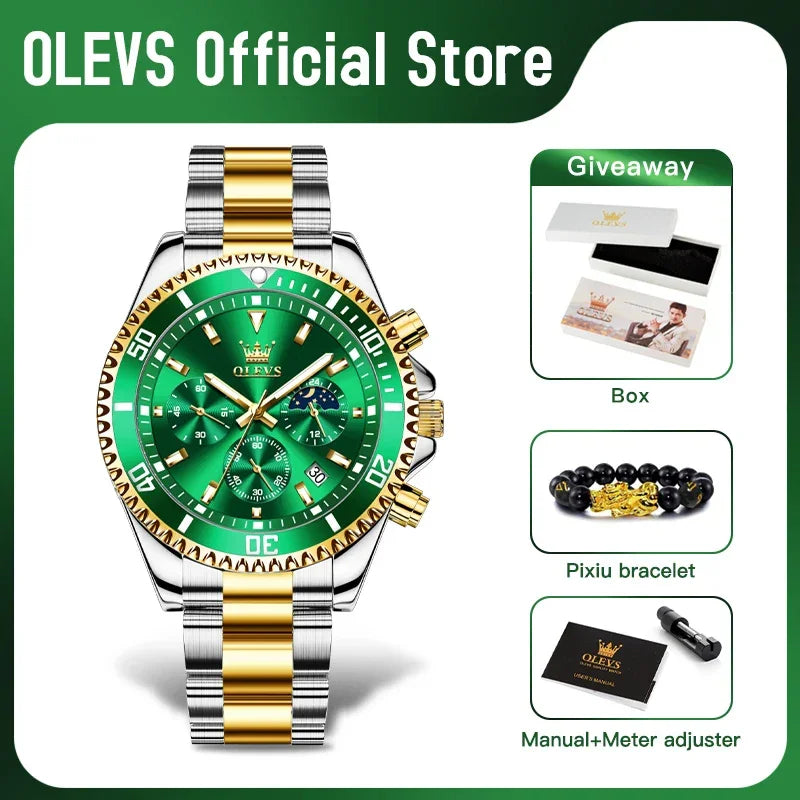 OLEVS Men's Watches Top Brand Luxury Watch for Men Original Waterproof Stainless Steel Chronograph Moon Phase Date Rota Dial - Evallys.com