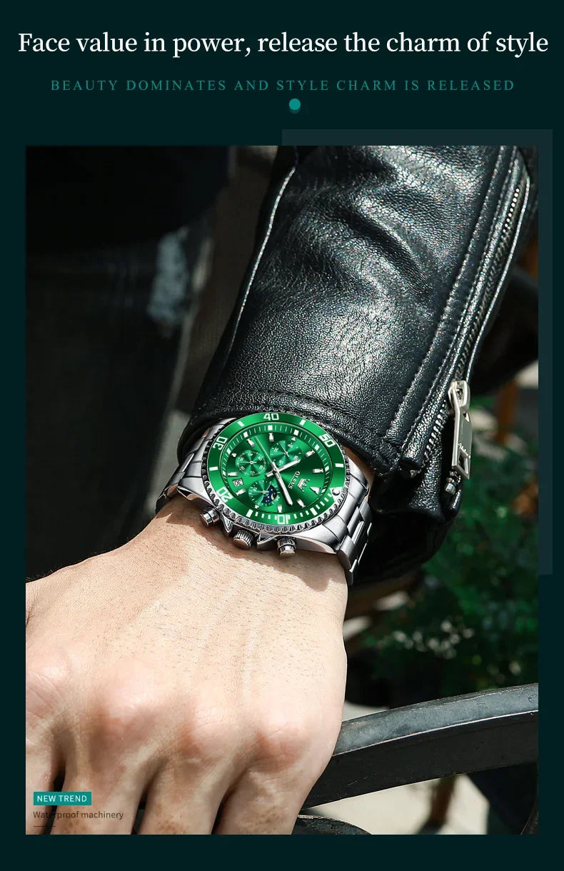 OLEVS Men's Watches Top Brand Luxury Watch for Men Original Waterproof Stainless Steel Chronograph Moon Phase Date Rota Dial - Evallys.com