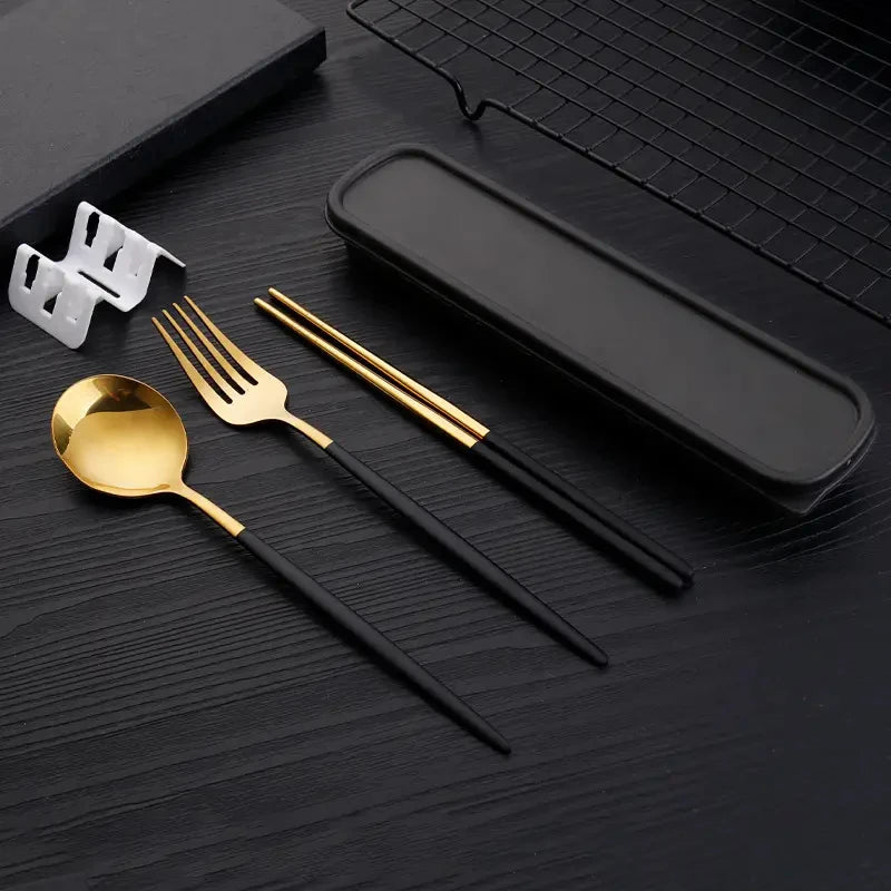3pcs Thin Portuguese portable stainless steel cutlery chopsticks, forks, spoons, student home outdoor picnic tableware