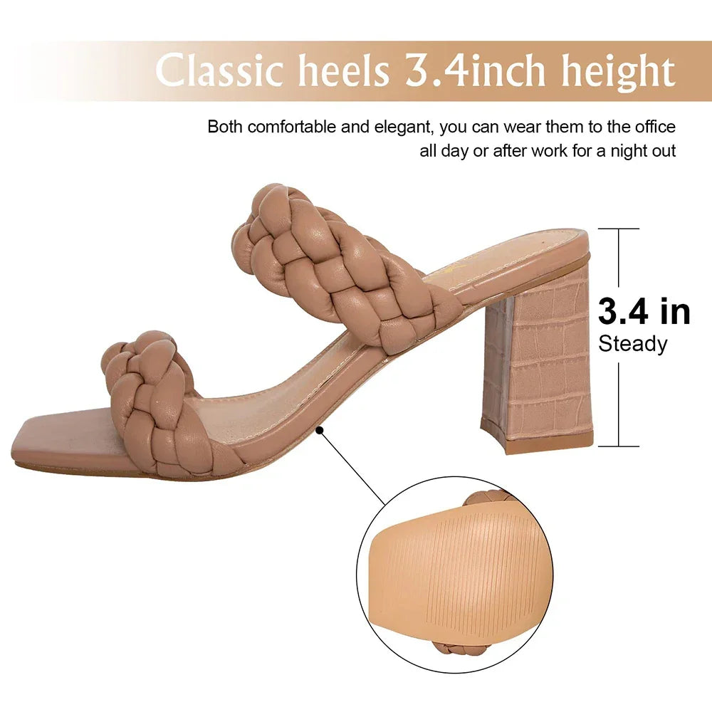 Elegant Women's Braided Heels Sandalias Fashion Strappy Square Sandals Open Toe Backless Mules Slip On Block Heeled Shoes - Evallys.com
