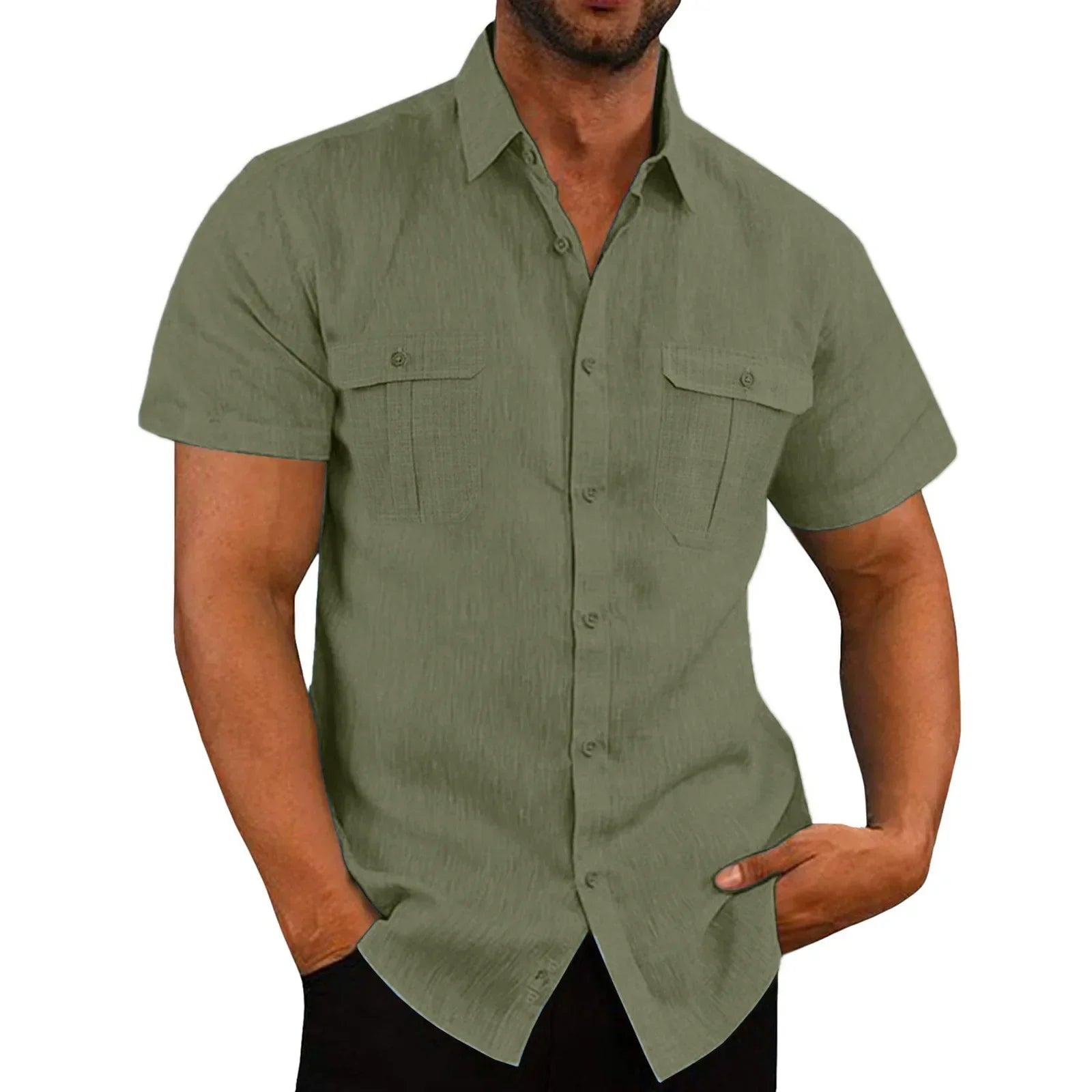 Cotton Linen Hot Sale Men Short-Sleeved Shirts Summer Solid Color Stand-Up Collar Casual Beach Style Plus SizeMale Shirts M-5XL - Evallys.com