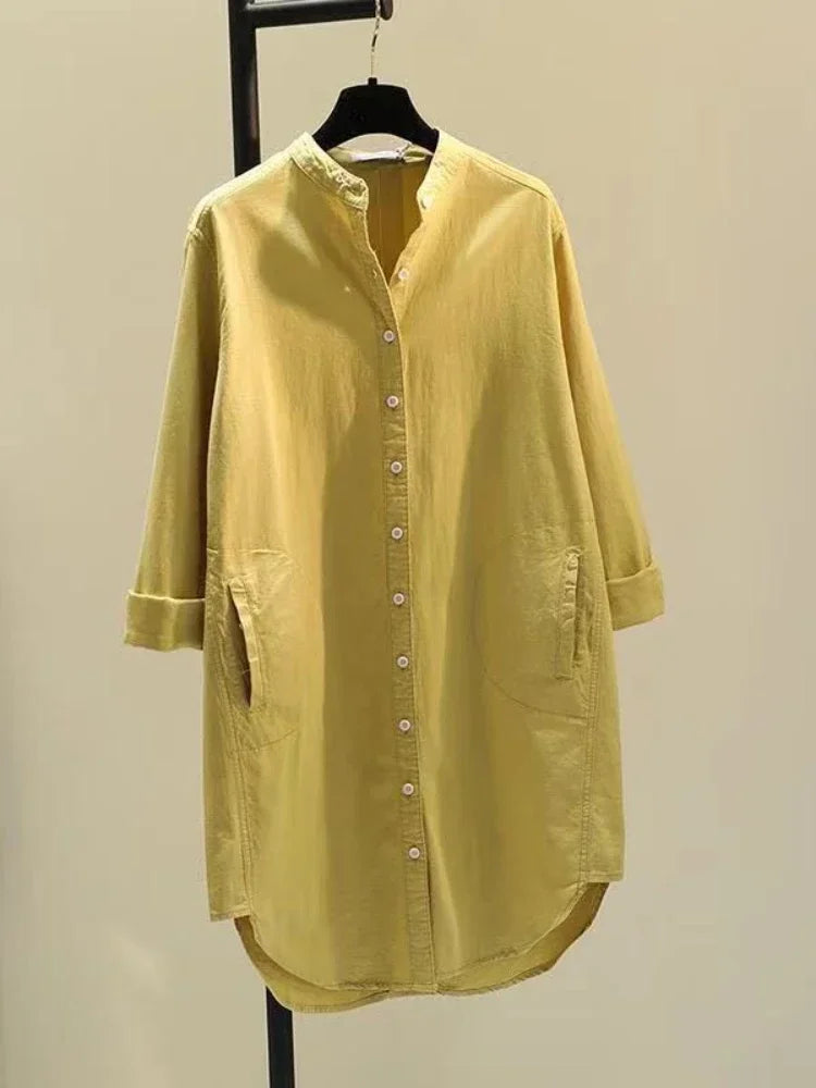 Elegant Cotton Linen Women’s Mid-Length Shirt – Casual Commuter Style - Evallys.com