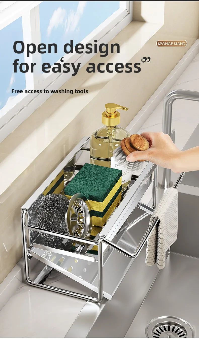 Stainless steel sponge rack sink drain rack Multifunctional countertop rag storage rack Sponge storage rack kitchen supplies