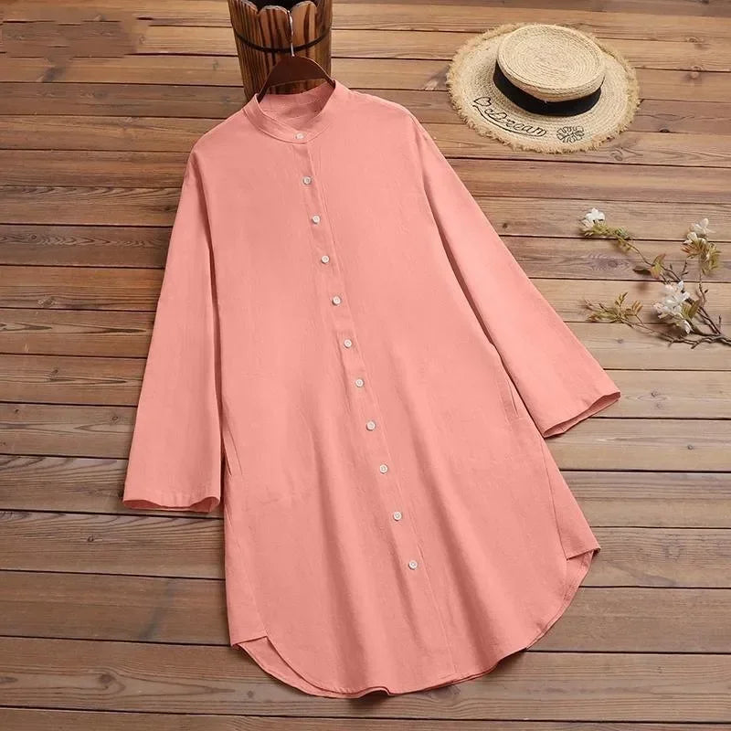Elegant Cotton Linen Women’s Mid-Length Shirt – Casual Commuter Style - Evallys.com