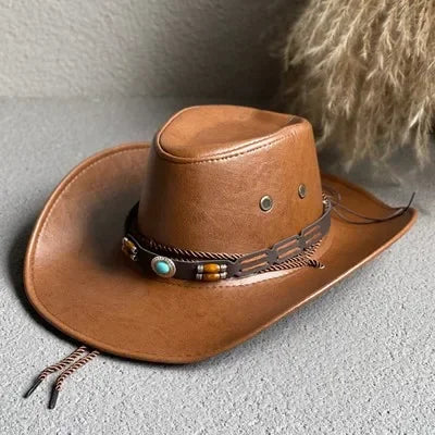 Faux Leather Cowboy Hat – Vintage Unisex Western Jazz Dress Cap - Evallys.com