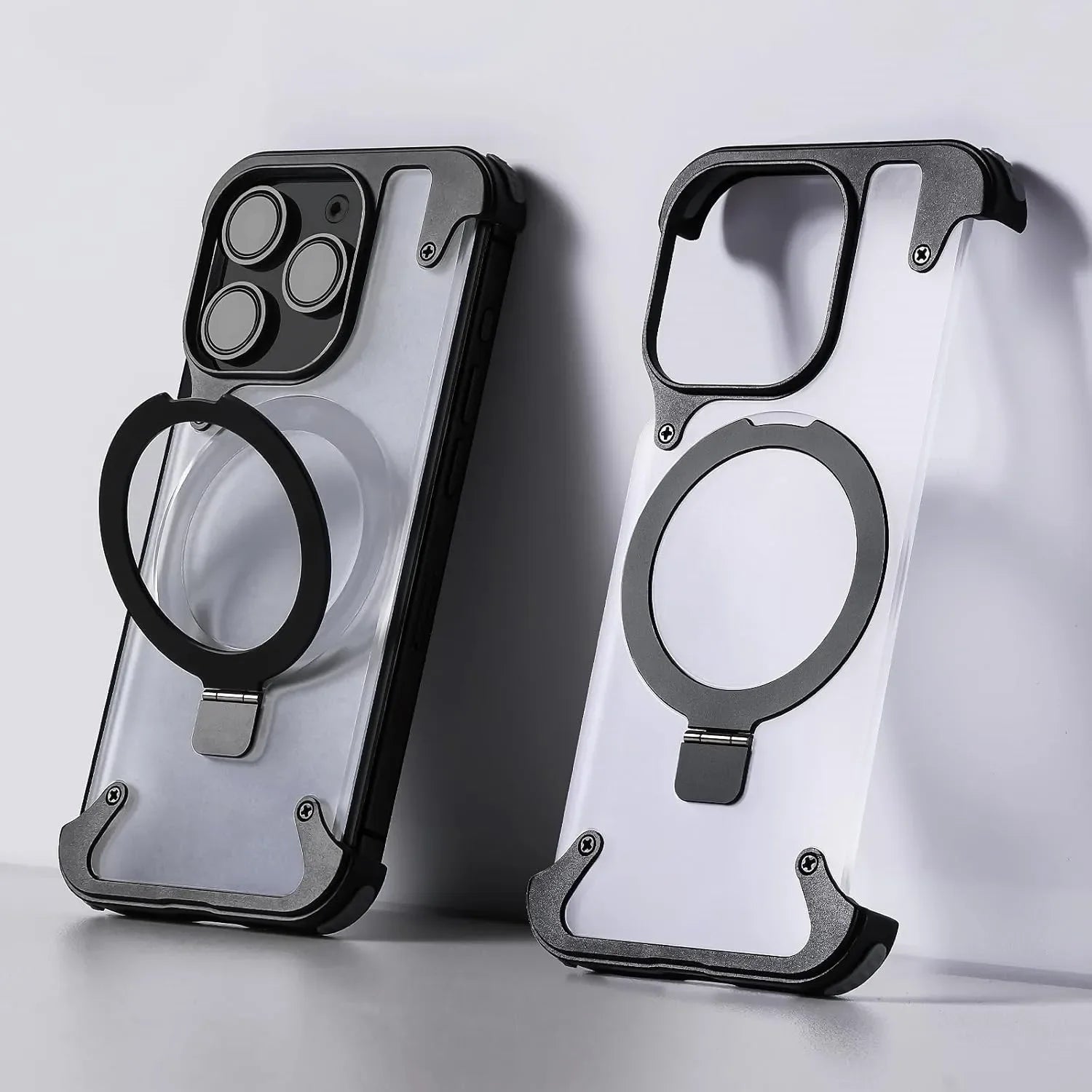 Frameless Aluminum Alloy Kickstand Metal Phone Case for iPhone 13 14 15 16 Pro Max Magsafe Magnetic Ring Stand Shockproof Shell - Evallys.com