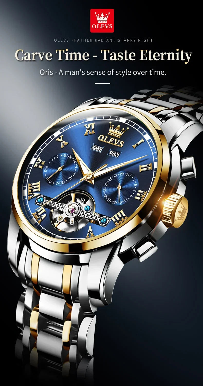 OLEVS Men's Watches Automatic Mechanical Business Wristwatch Waterproof Stainless Steel Strap Watch for Man Skeleton Calendar - Evallys.com