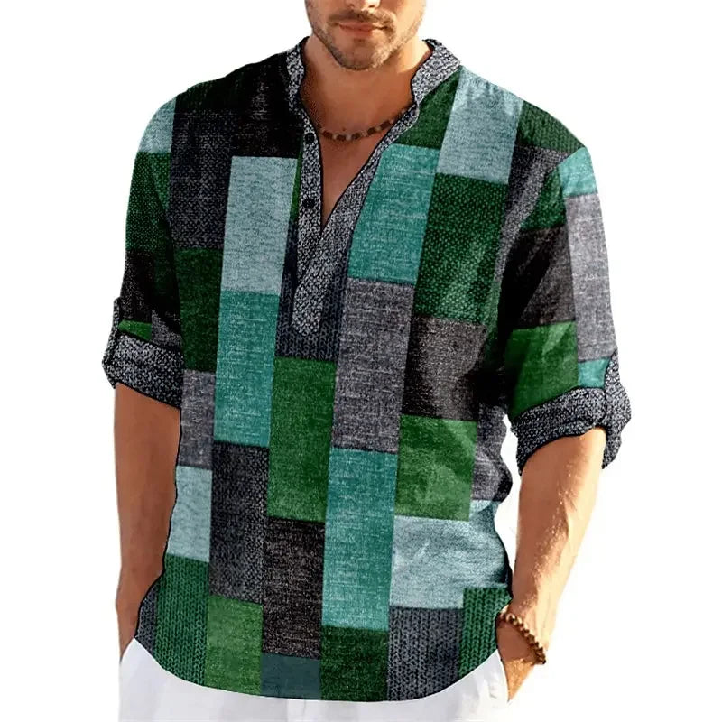 Patchwork 3D Print Color Block Henley Shirts Men's Fashion Vintage Stand Collar Long Sleeve Shirt Male Tops Blouse Man Clothing - Evallys.com