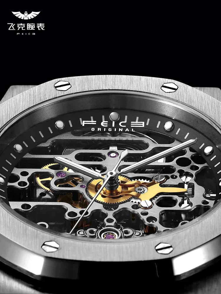 FEICE Automatic Mechanical Luxury Watch Men Stainless Steel Watches Luminous Waterproof Watch for Men Skeleton FM019 - Evallys.com