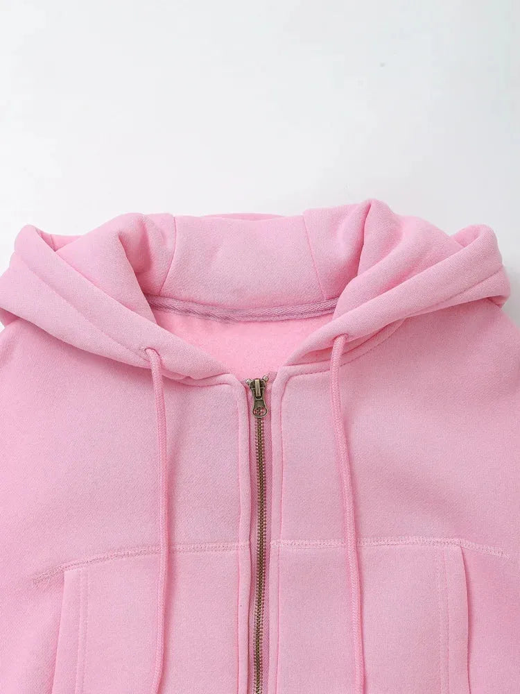 TRAF 2024 Spring Female Casual Hoodies Zipper Coats+Elastic Waist Baggy Pants 2 Pieces Set Elegant Loose Solid Pink Grey Pants - Evallys.com