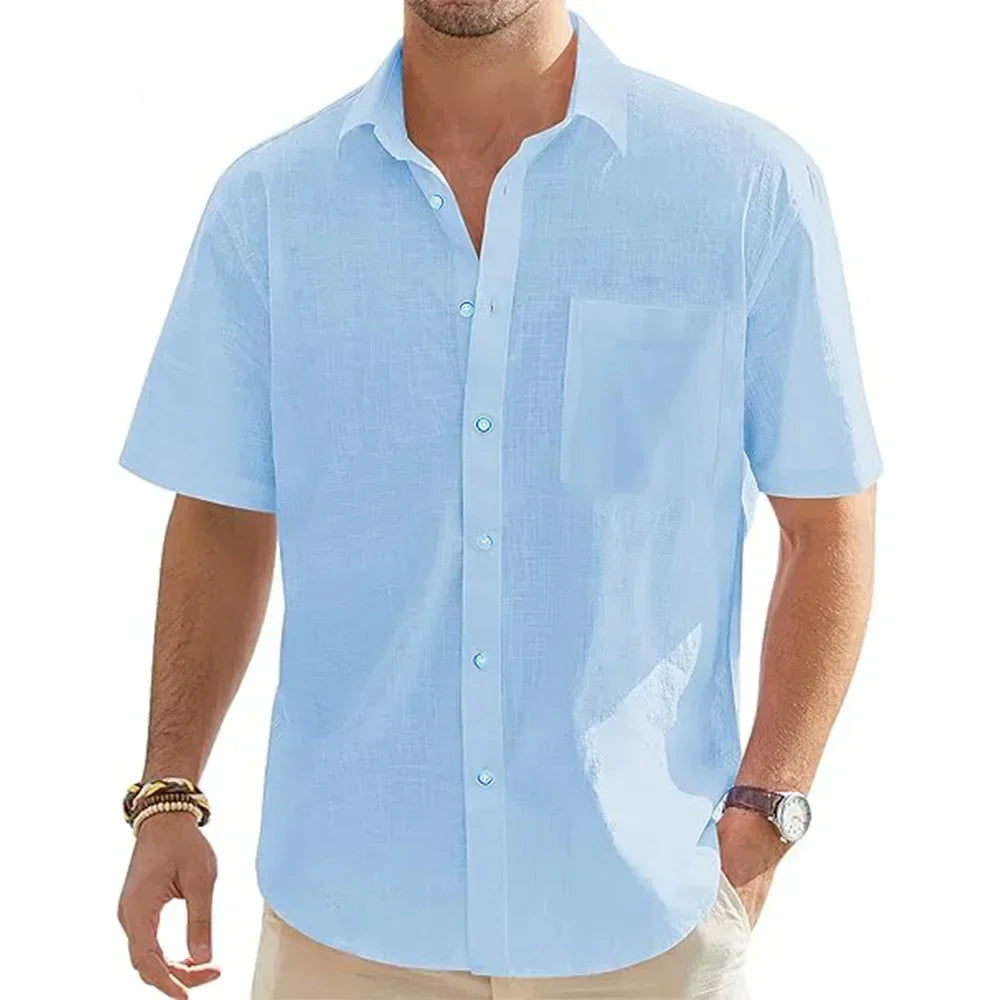 Men's Solid Color Cotton Linen Short Sleeve Shirts Vacation Beach Summer Tops with Pocket Casual Lightweight Button Shirts - Evallys.com