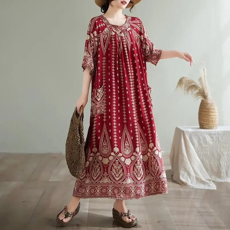 Summer Ethnic Print Dress with Pockets – Loose Mid-Calf Casual Wear - Evallys.com