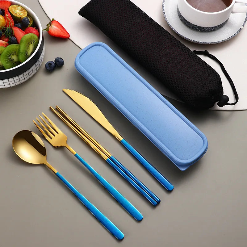 Portable Cutlery Set for Camping & Travel 4pcs Stainless Steel Knife, Fork, Spoon Kit with Storage Box