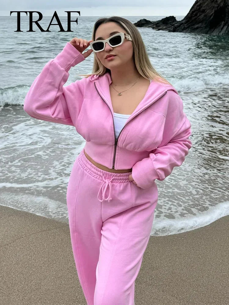 TRAF 2024 Spring Female Casual Hoodies Zipper Coats+Elastic Waist Baggy Pants 2 Pieces Set Elegant Loose Solid Pink Grey Pants - Evallys.com