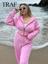 TRAF 2024 Spring Female Casual Hoodies Zipper Coats+Elastic Waist Baggy Pants 2 Pieces Set Elegant Loose Solid Pink Grey Pants - Evallys.com