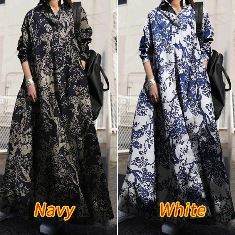 Vintage Cotton Linen Shirt Dress Women’s Autumn Long Maxi Robe - Evallys.com