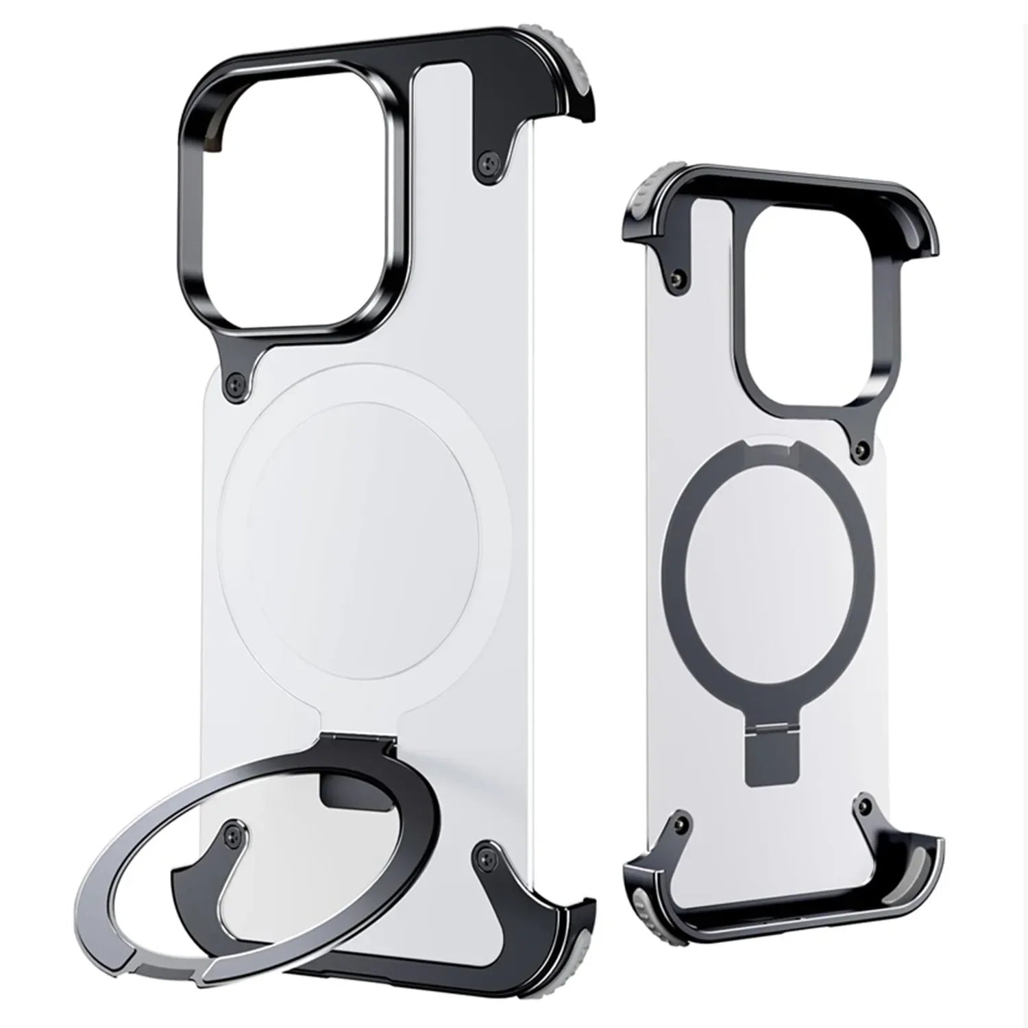 Frameless Aluminum Alloy Kickstand Metal Phone Case for iPhone 13 14 15 16 Pro Max Magsafe Magnetic Ring Stand Shockproof Shell - Evallys.com