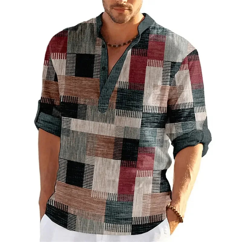 Patchwork 3D Print Color Block Henley Shirts Men's Fashion Vintage Stand Collar Long Sleeve Shirt Male Tops Blouse Man Clothing - Evallys.com