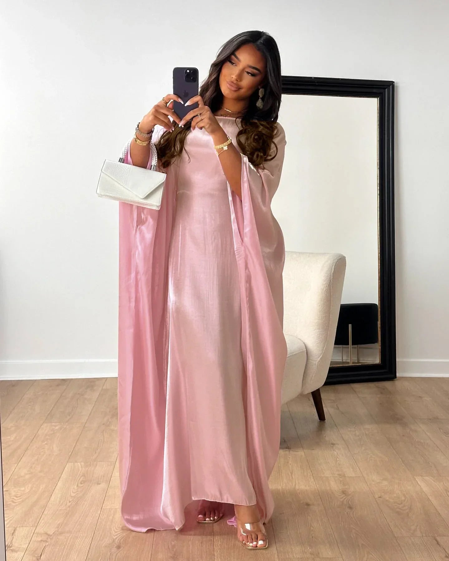 Eid Ramadan Batwing Butterfly Satin Abaya Dubai Luxury Muslim Kaftan Maxi Dress Women Kebaya Robe Caftan Marocain Femme Vestidos - Evallys.com