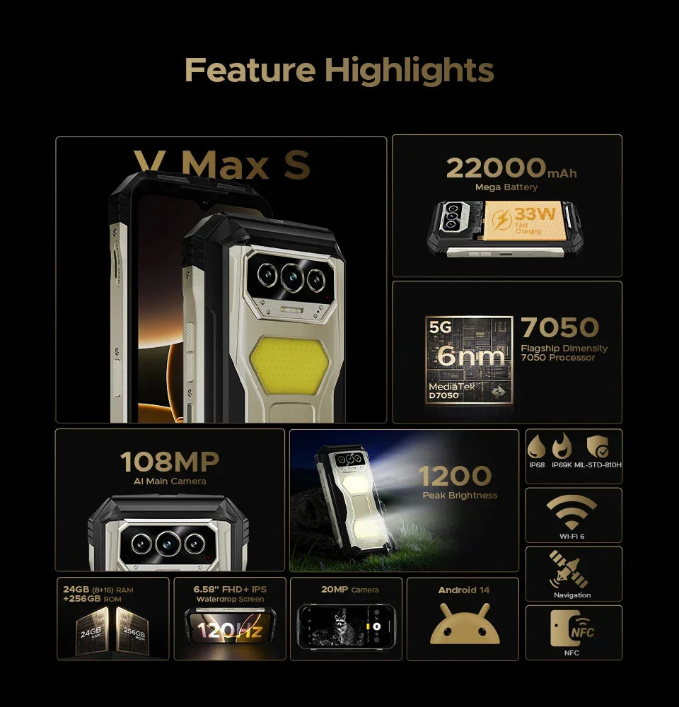World Premiere DOOGEE V Max S 5G Rugged Phone Dual Camping Lights 22000mAh Battery 24GB(8+16) 256GB 108MP AI Camera Smartphone - Evallys.com