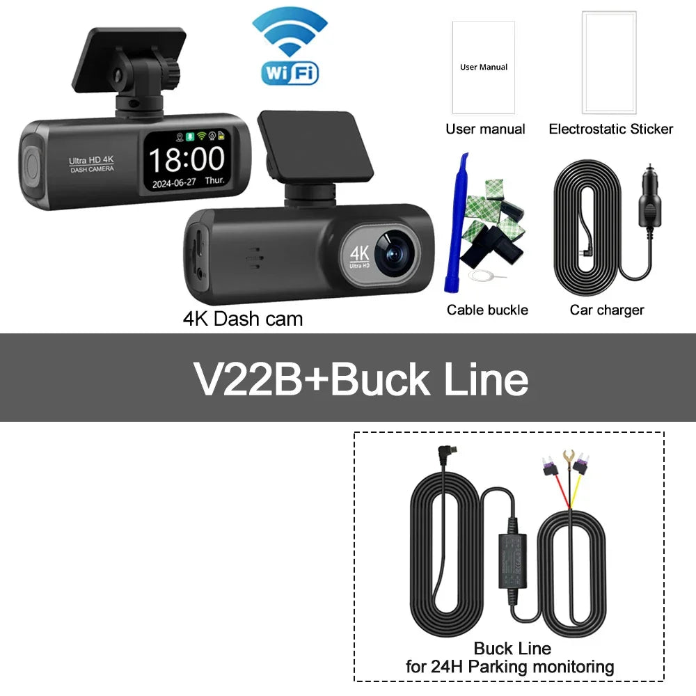 UHD 4K Dash Cam Dual Lens Driving Recorder Car DVR 1080P Rear Lens Camera Built-In WiFi GPS 24-Hour Parking Monitoring Black Box - Evallys.com