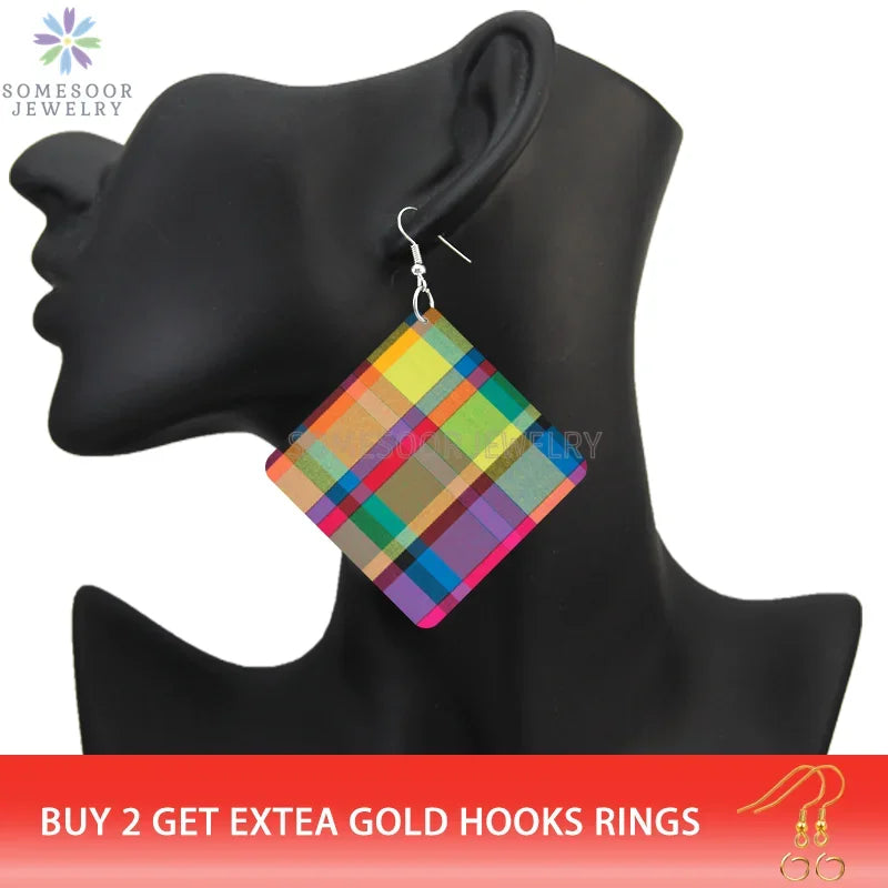 SOMESOOR Madras & Plaid Fabric Design Wooden Drop Earrings Afro Ethnic Headwrap Pattern Print Ear Dangle Jewelry For Women Gifts - Evallys.com