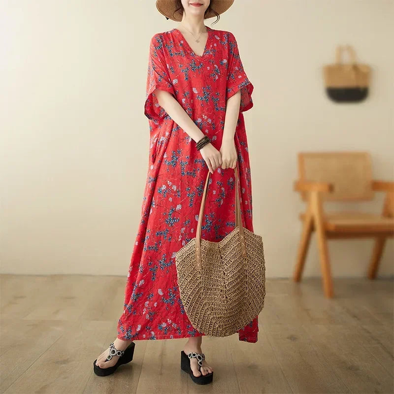 Vintage Cotton Summer Maxi Dress – Harajuku Floral Beachwear - Evallys.com
