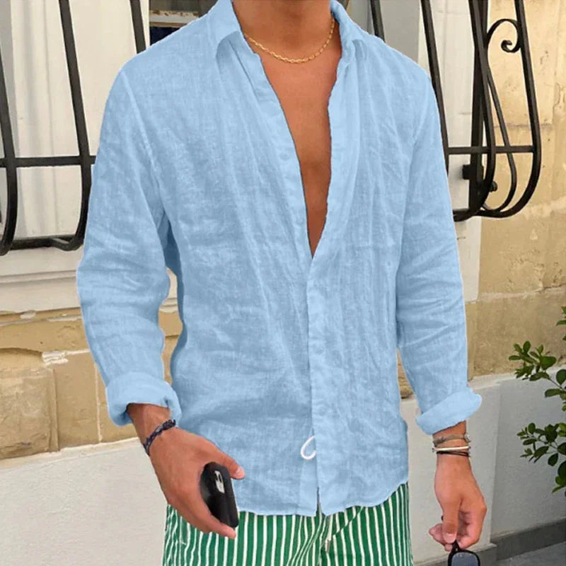 Spring New Casual Linen Shirts Mens Long Sleeve Button-up Turn-down Collar Shirt Seaside Beach Vintage Men Solid Color Cardigans - Evallys.com