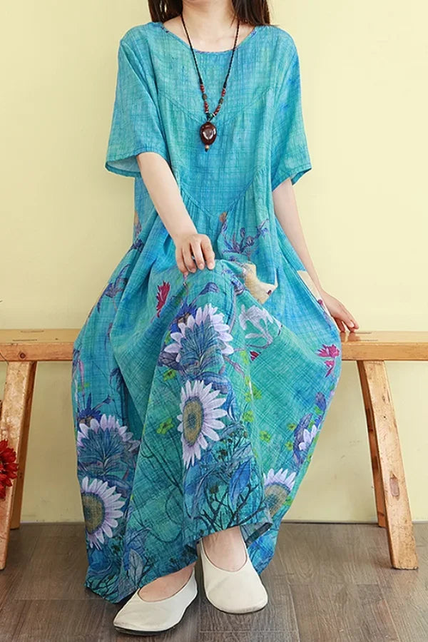 Retro Cotton Linen Dress – Summer Print Loose Long Maxi Dress - Evallys.com