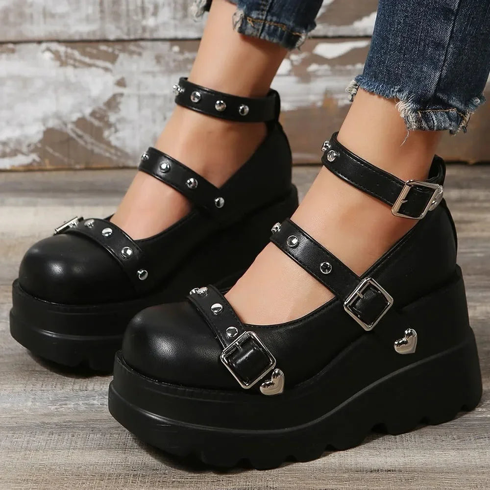 DoraTasia Retro INS Black Round Toe Heel Studded Punk Nightclub Ladies Mary Jane Y2 Lace Buckle Lolita Women's Shoes - Evallys.com