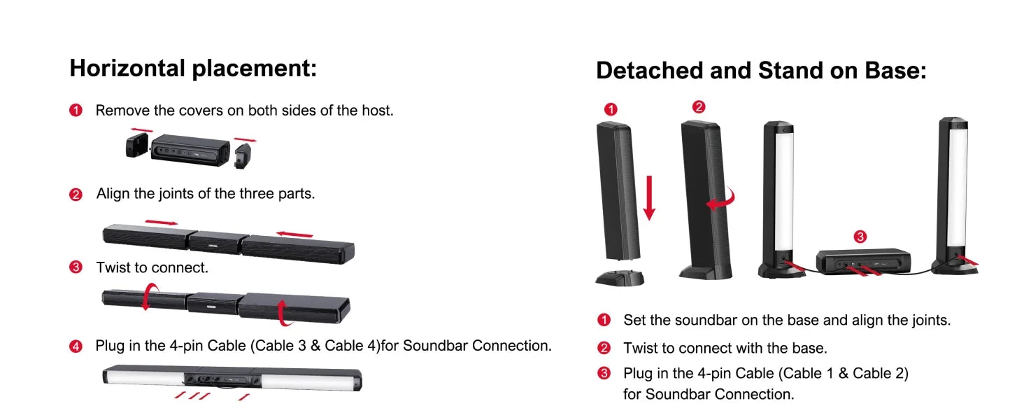 ULTIMEA 180W 5.0 Sound Bar for tv, PC SoundBar with RGB for Home Theater, Detachable Soundbar with App Control, HDMI-ARC/Opt/AUX - Evallys.com