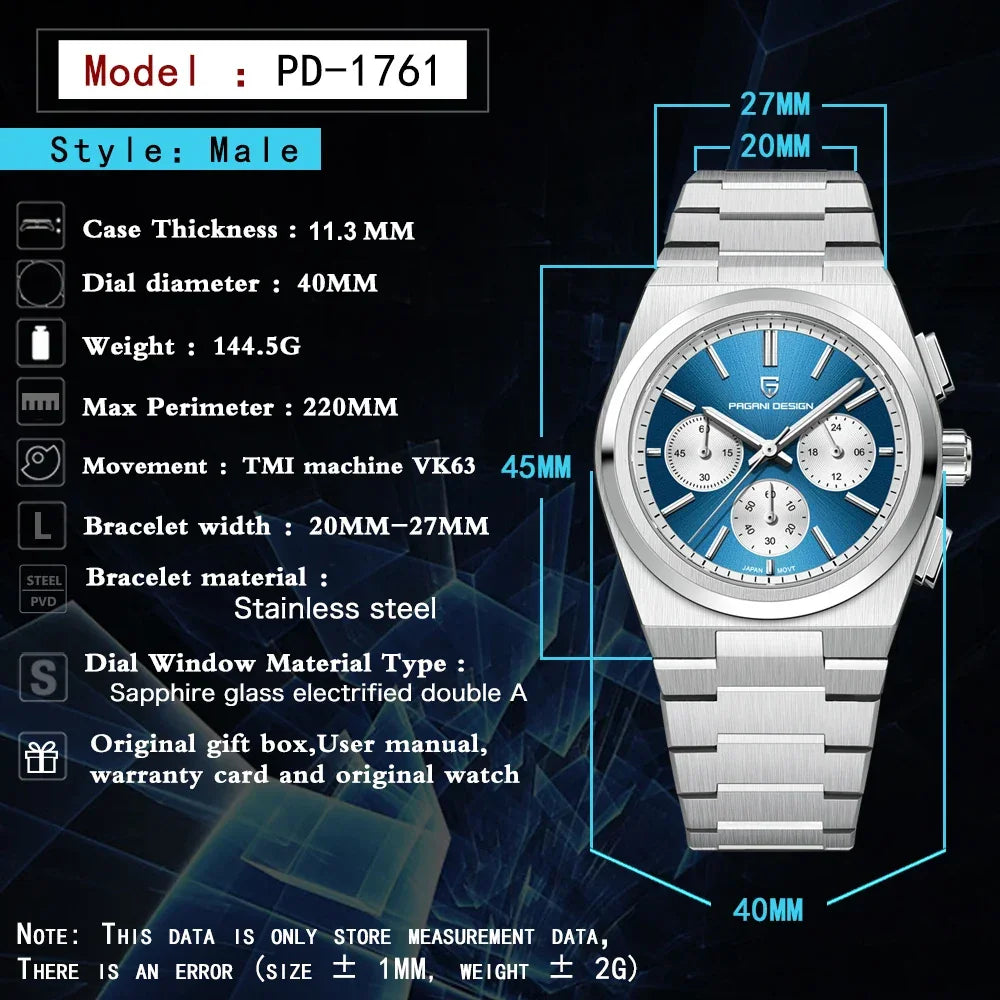 PAGANI DESIGN 2024 New Men Watches Quartz Business Watches VK63 Mens Clock Top Brand Luxury Watch Men Chronograph Watch for Men - Evallys.com