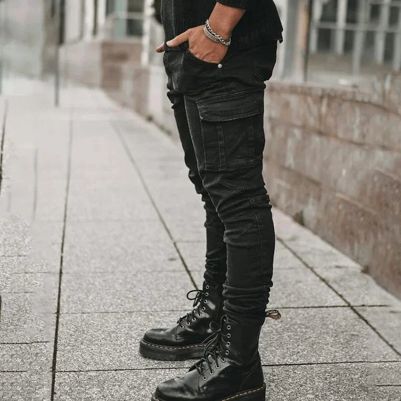 Men Street Elastic Denim Jeans Wash Solid Color Multi Pockets Cargo Pants Casual Slim Fit Daily Wear Joggers Mid Waist Trousers - Evallys.com