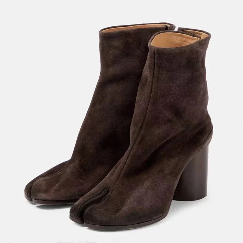 2024 Autumn Winter Soft Leather Split toe Tabi Women Ankle Boots Fashion Thick High heels Chunky Shoes Ins Style Short Booties - Evallys.com