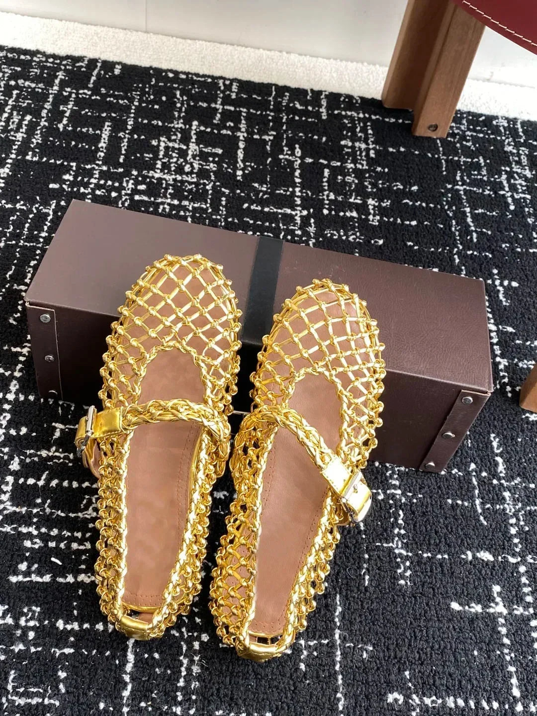 Women’s Metallic Leather Ballet Flats – Woven Mary Janes with Buckle Strap - Evallys.com