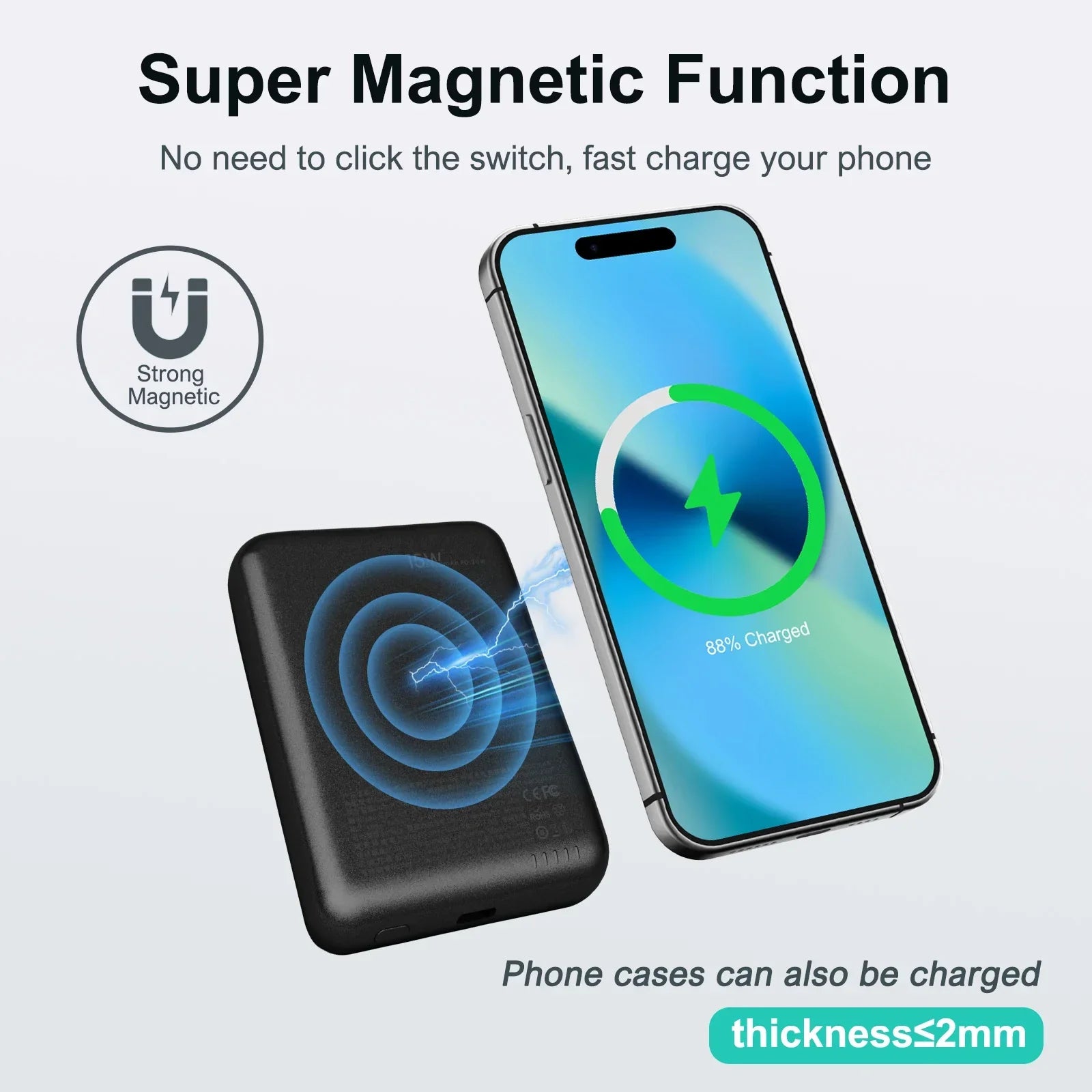 Magnetic Power Bank Portable 5000mAh Wireless Charger 20W With USB-C Cable For IPhone 16/15/14/13/12 Pro/Pro Max/Plus/Mini - Evallys.com