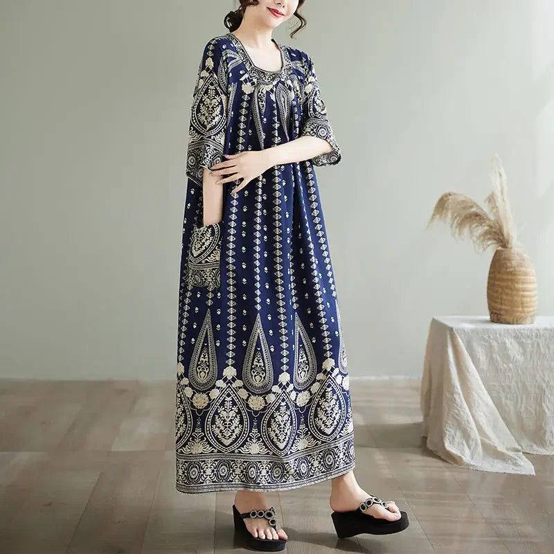 Summer Ethnic Print Dress with Pockets – Loose Mid-Calf Casual Wear - Evallys.com