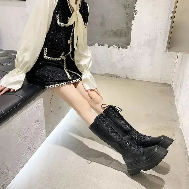 Women Motorcycle Boots Wedges Flat Shoes Woman High Heel Platform PU Leather Boots Lace Up Women Shoes Black Boots Girls2021 - Evallys.com
