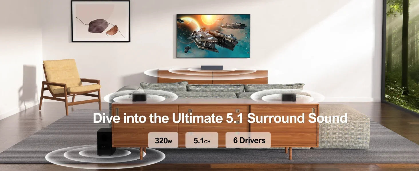 ULTIMEA 320W 5.1 Soundbar with Wireless Subwoofer & 2 Surround Speakers, 3D Surround Sound System Home Theater, APP Control - Evallys.com