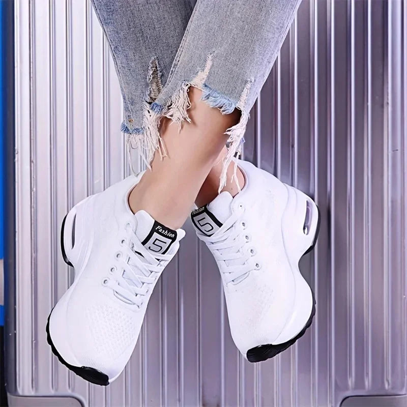 Women Sport Shoes Air Cushion Running Sneaker Comfortable Mesh Shoes Lace Up Breathable White Walking Shoes - Evallys.com