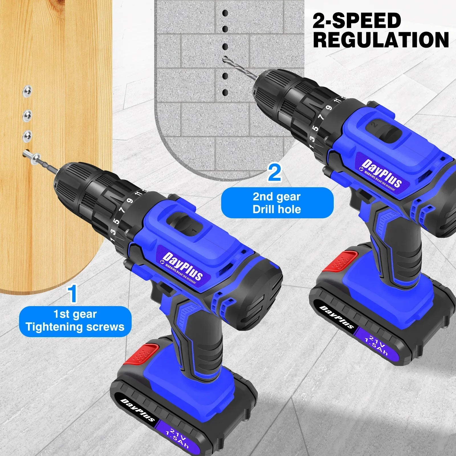 21V Cordless Power Drill,Handheld Screwdriver Drill Set with 25+1 Torque Setting,1.5AH Li-ion Battery&Fast Charger,2-Gear Drill - Evallys.com