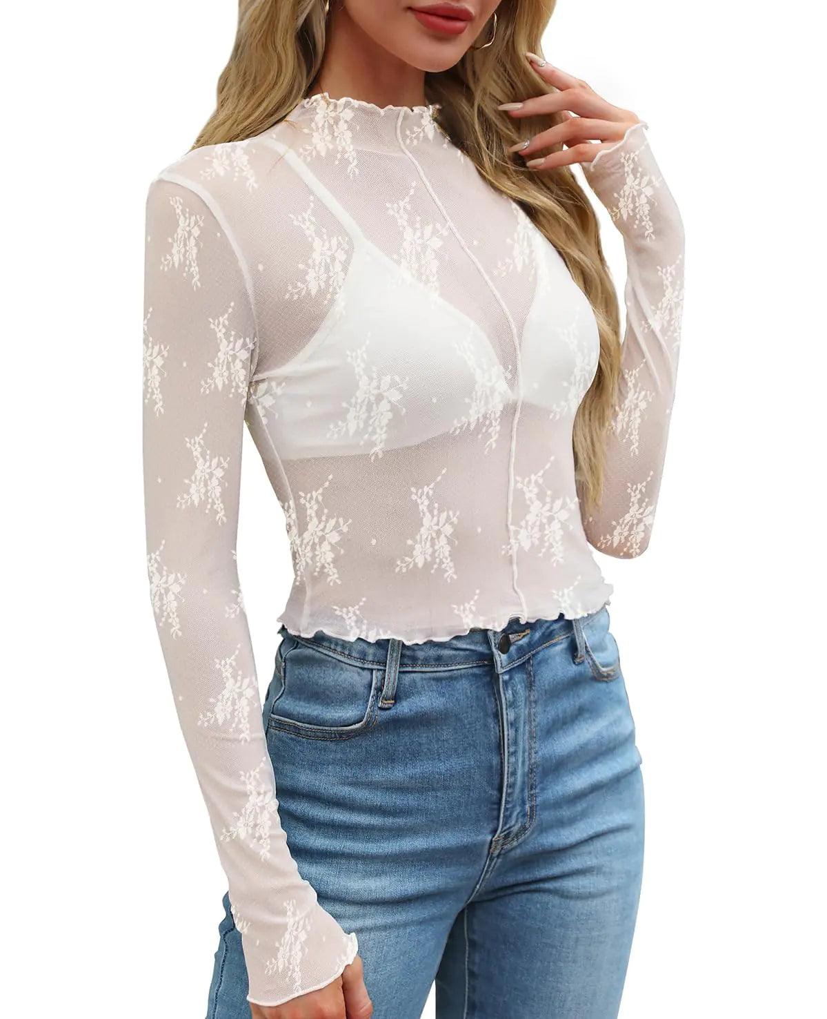 WIHOLL Womens Mesh Sheer Tops Sexy Crew Neck Summer Loose FIt Party Clubwear Shirts Large A-1white Lace - Evallys.com # #