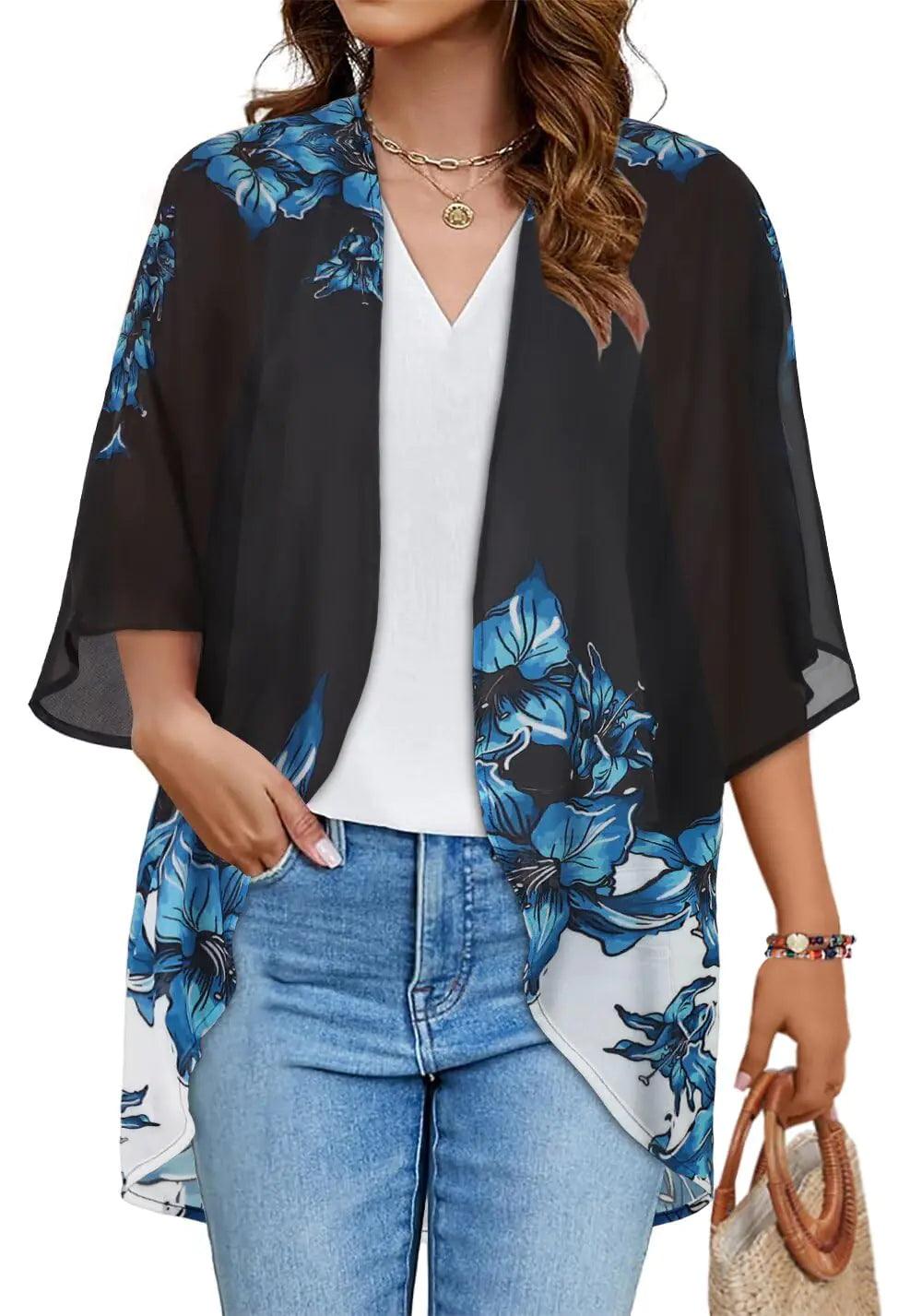 Women's Floral Print Puff Sleeve Kimono Cardigan Loose Cover Up Casual Blouse Tops Small Orange Black - Evallys.com