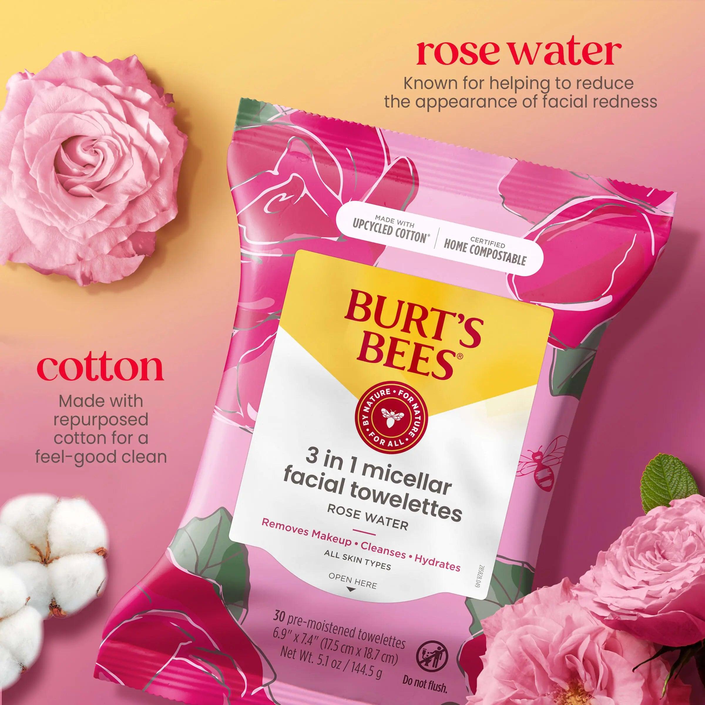 Burt's Bees Rose Water Face Wipes, for All Skin Types, Hydrating Micellar Makeup Remover & Facial Cleansing Towelettes, 30 Ct (3-Pack) 30 Count (Pack of 3) - Evallys.com # #