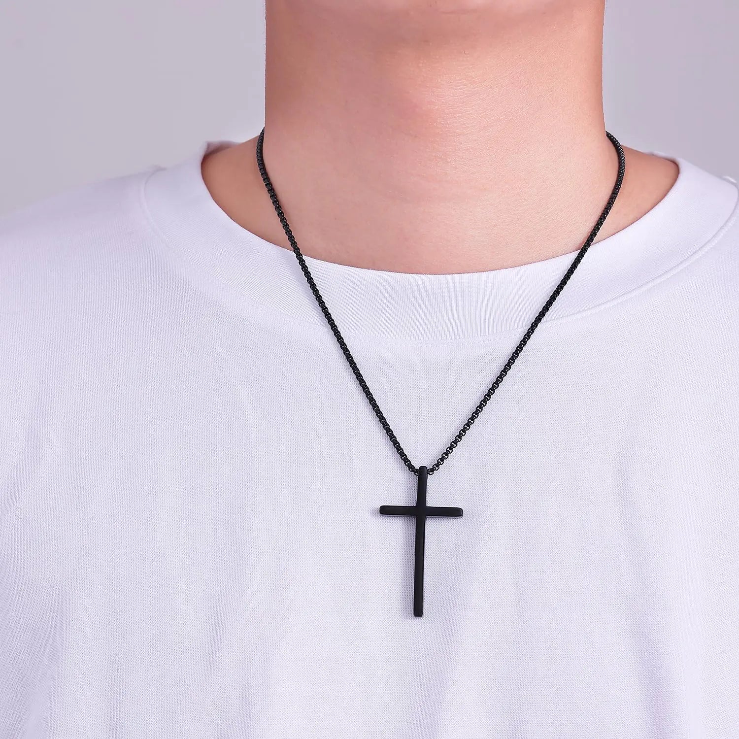 Fiusem Cross Necklace for Men, Silver/Gold/Black Mens Cross Necklaces with 2.5mm Cross Chain and Stainless Steel Cross Pendant, Box Chain 16-24 Inch 22.0 Inches Big black cross: 2.1" * 1.2" - Evallys.com # #