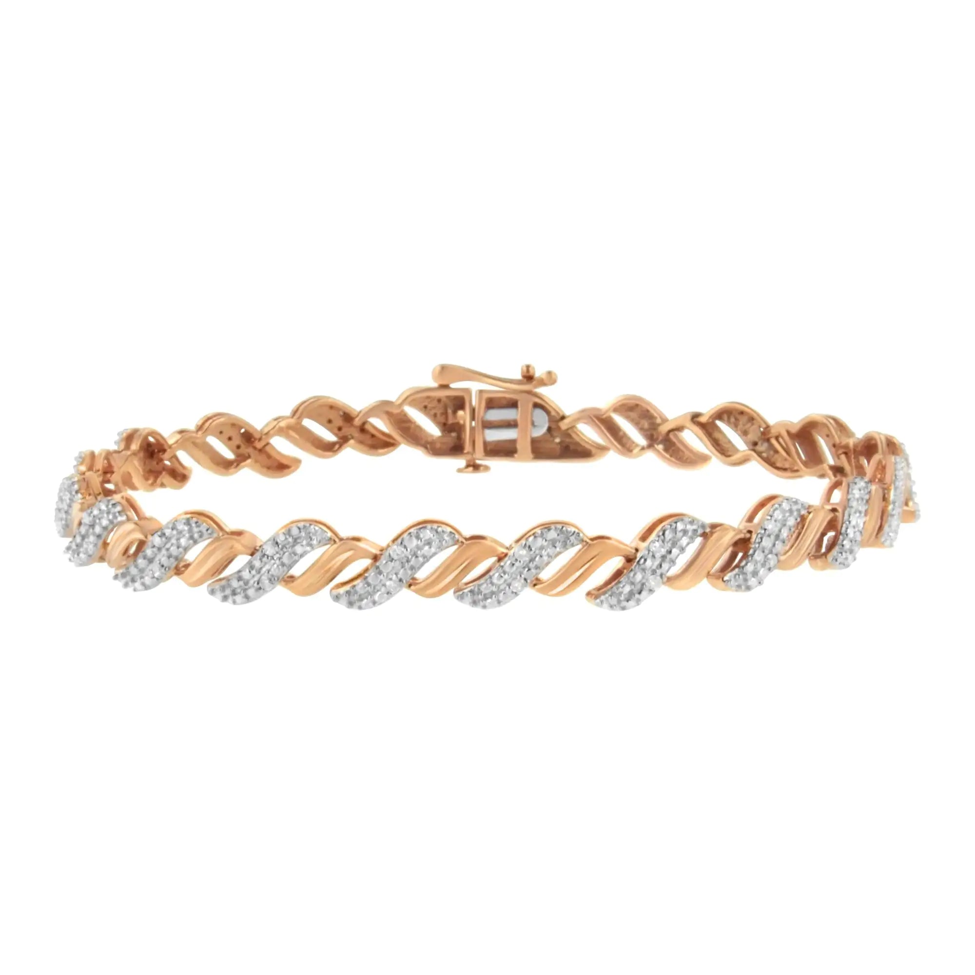 10K Rose Gold Plated .925 Sterling Silver 1/4 cttw Prong Set Round-Cut Diamond "S" Link Bracelet (I-J, I2-I3) - Size 7.25" - Evallys.com # #