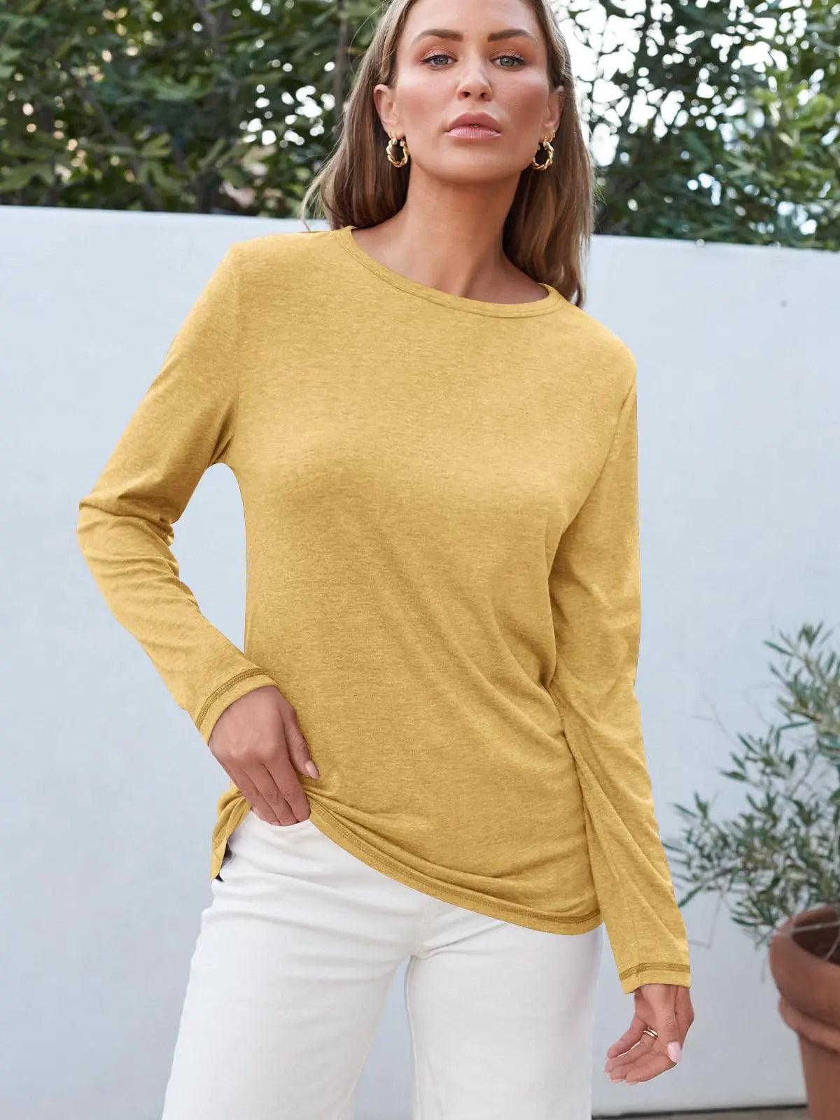 AUTOMET Womens Long Sleeve Round Neck Shirts Basic Tee Fall Tops Outfits Clothes 2024 01yellow X-Large - Evallys.com # #