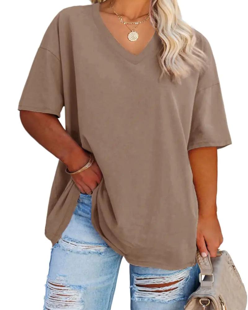 Women's Plus Size V Neck T Shirts Summer Half Sleeve Tees Casual Loose Fit Cotton Tunic Tops XX-Large Plus Khaki - Evallys.com